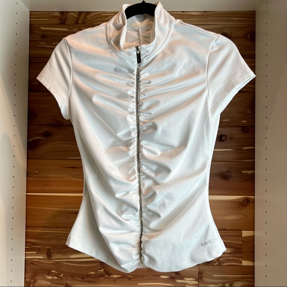 bebe Tops - bebe Short Sleeve White & Silver Zipper Top Blouse Size M